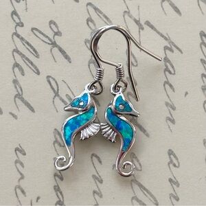 Sterling Silver Seahorse Earrings with Blue Opal